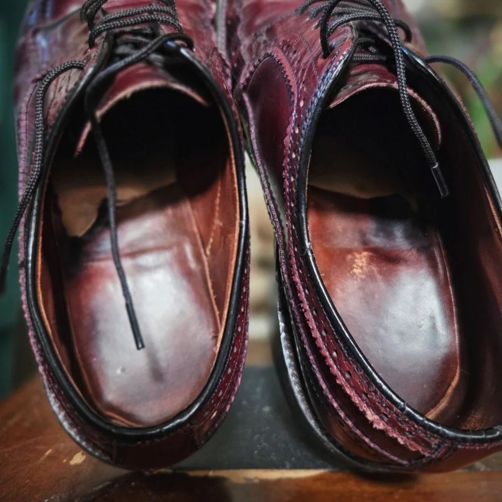 Vintage 80s Mens Burgundy Leather Wingtip‎ Brogue Oxford Dress Shoes
